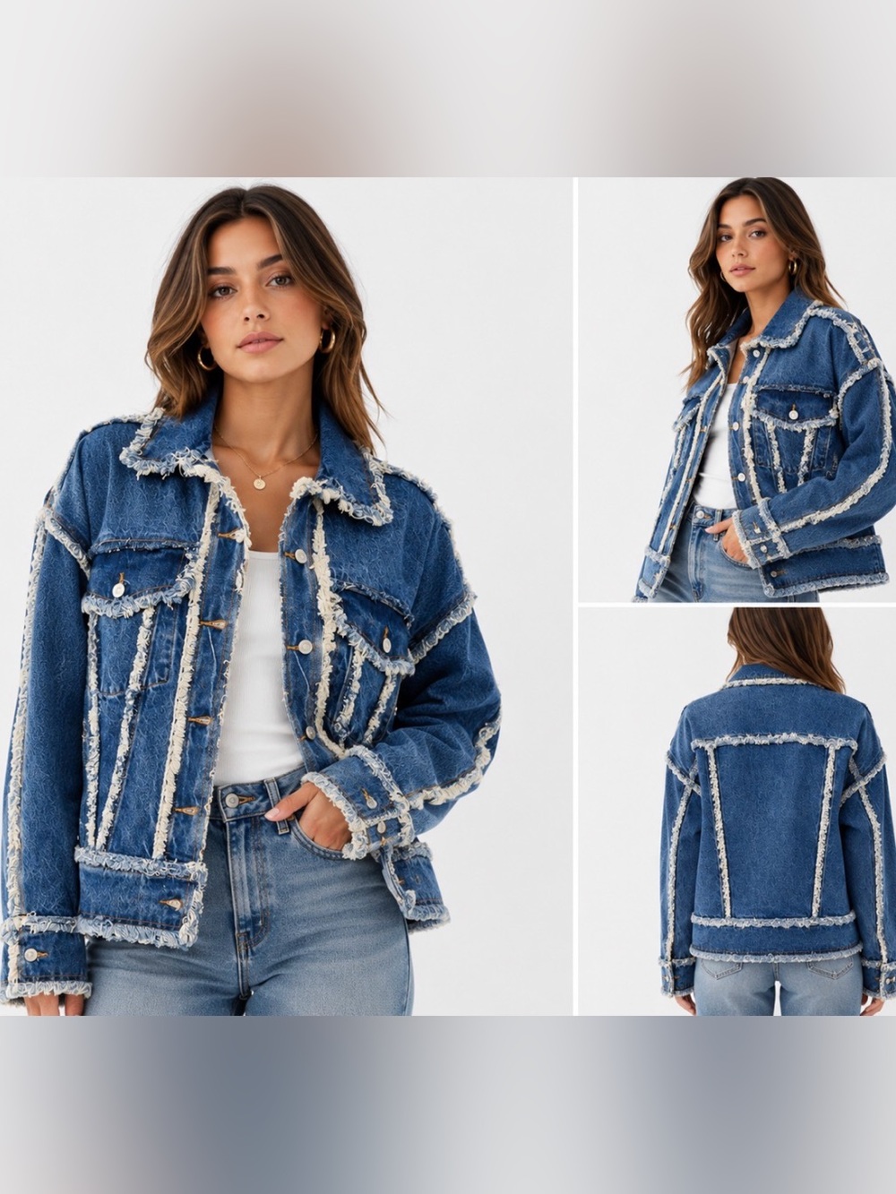 PIRAL Frayed Denim Jacket XS/S Raw Edge Oversized Trucker Blue 100% Cotton